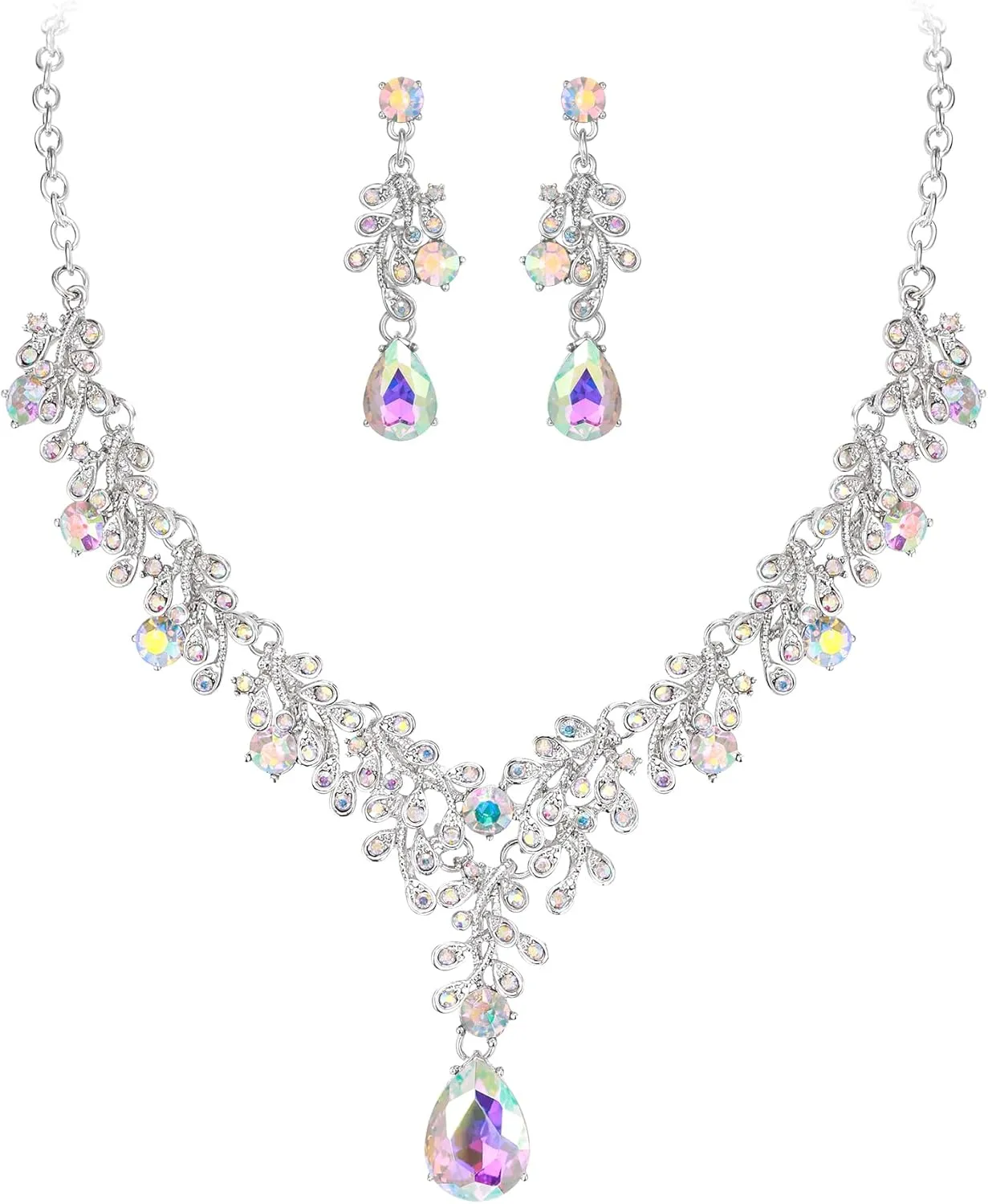 EleQueen Elegant Wedding Costume Crystal Floral Leaf Necklace Dangle Earrings Set for Women, Bridal Jewelry for Bride Bridesmaid Accessories