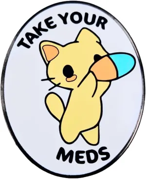 Enamel Pin,Take Your Meds Reminder Lapel Pin, Cute Cat Holding Pill Brooch,Healthcare Badge Gift For Elder Teens Friends Family Student,DIY Decor Jacket Canvas Bag Backpack Shirt Accessory