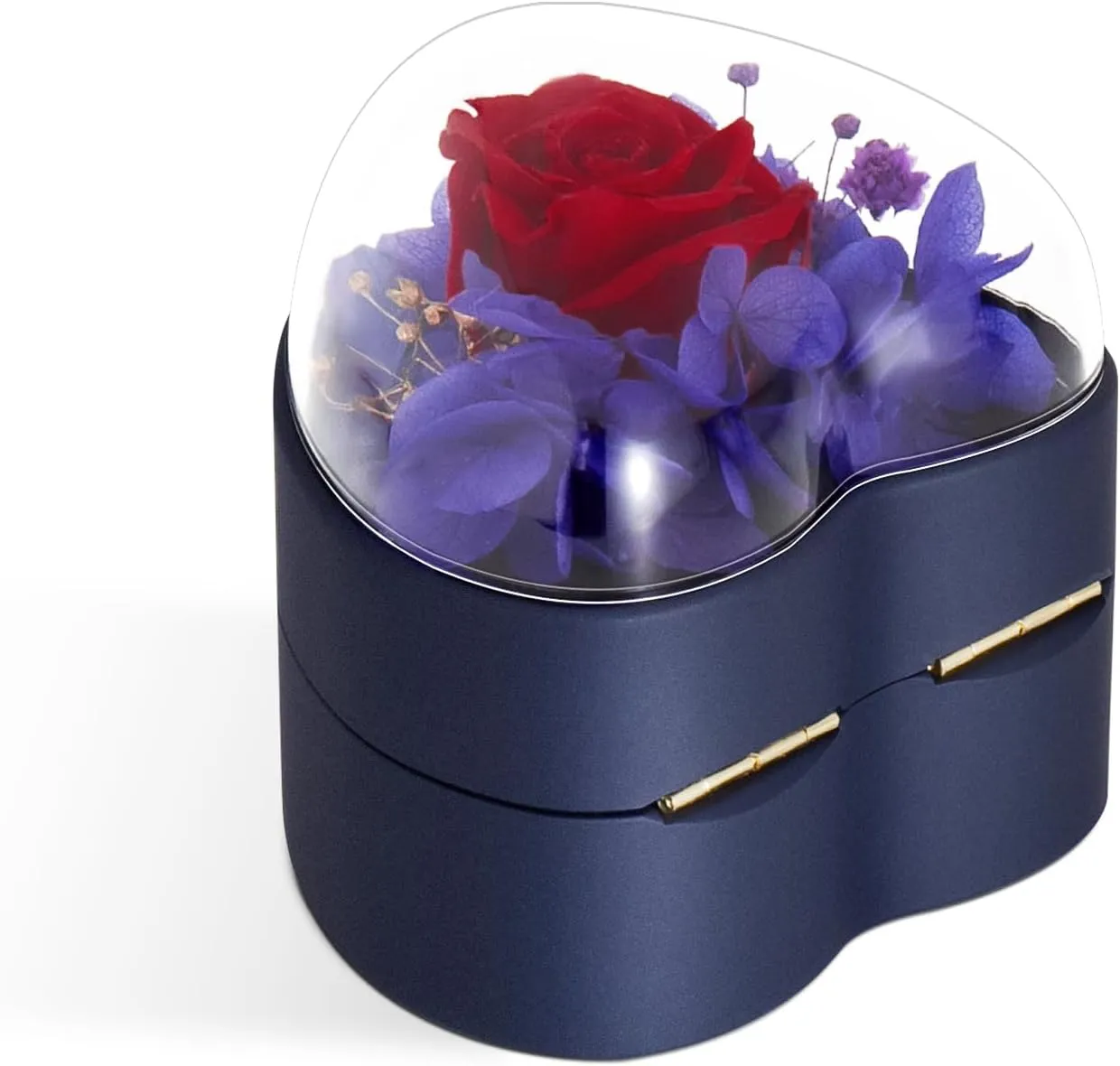 Engagement Ring Box for Proposal Promise, Eternal Flowers Rose Gifts for Valentines' Day, Heart Shaped Blue Ring Box