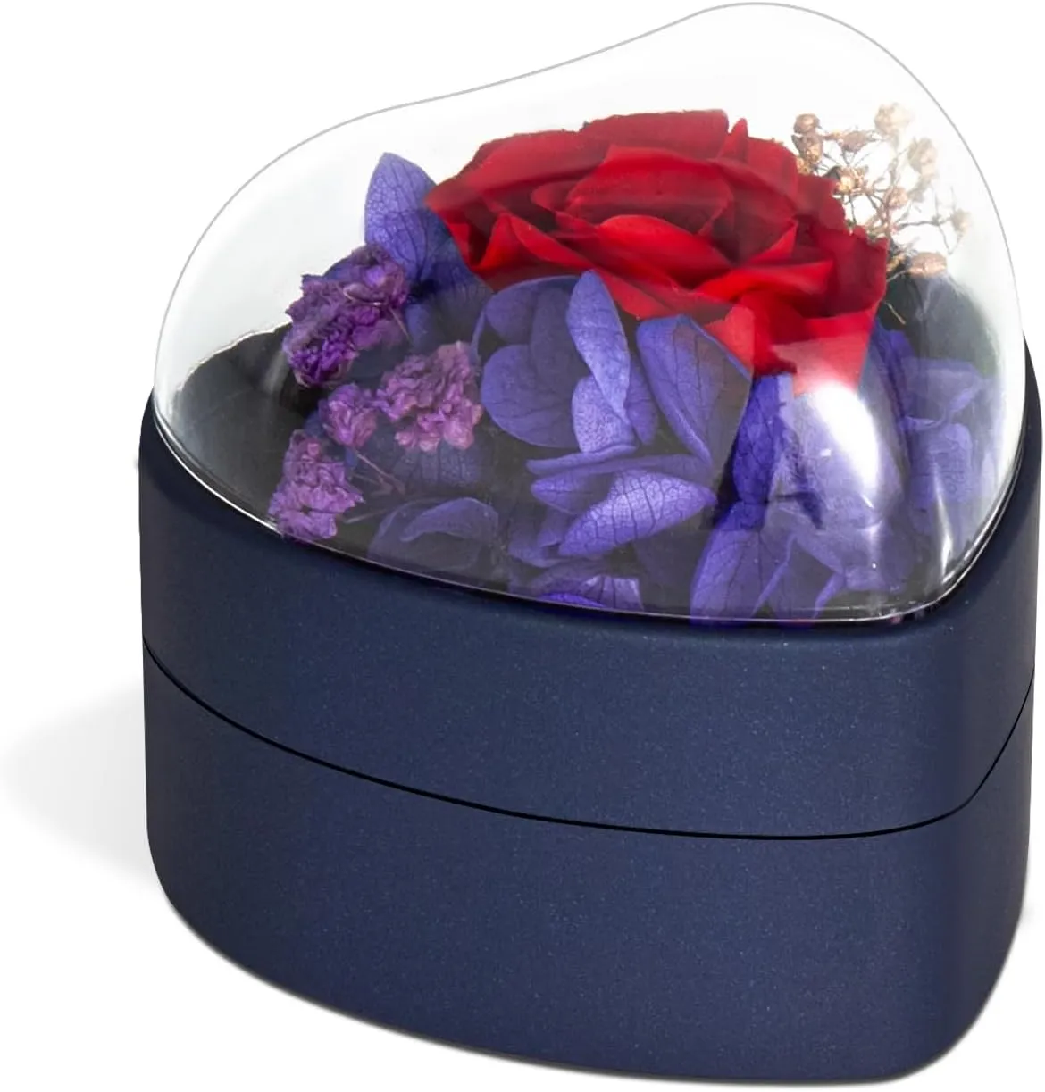 Engagement Ring Box for Proposal Promise, Eternal Flowers Rose Gifts for Valentines' Day, Heart Shaped Blue Ring Box