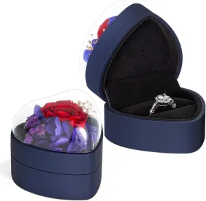 Engagement Ring Box for Proposal Promise, Eternal Flowers Rose Gifts for Valentines' Day, Heart Shaped Blue Ring Box