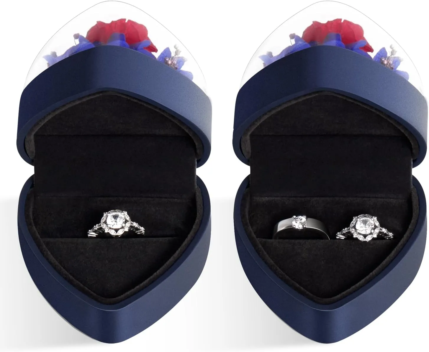 Engagement Ring Box for Proposal Promise, Eternal Flowers Rose Gifts for Valentines' Day, Heart Shaped Blue Ring Box