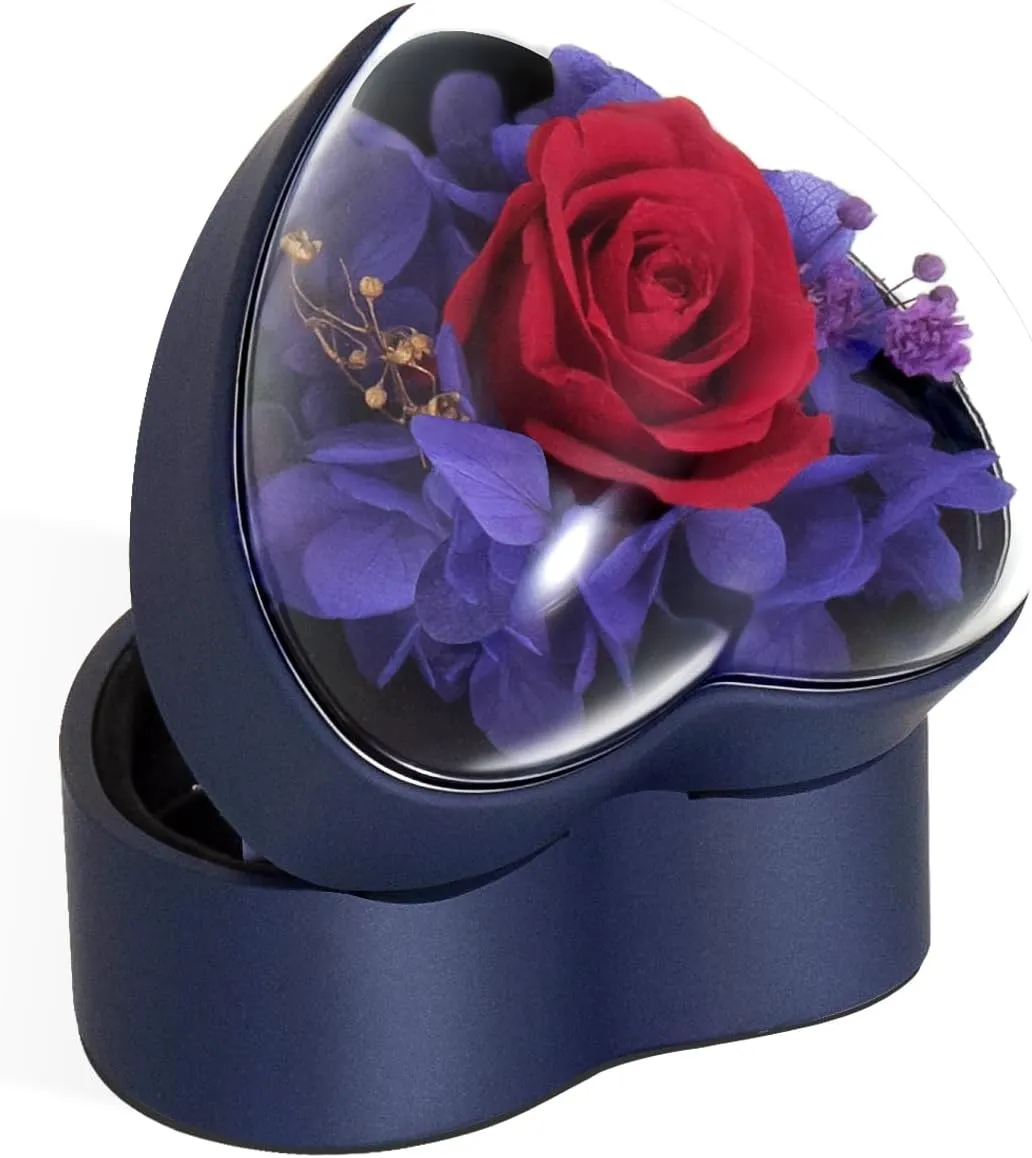 Engagement Ring Box for Proposal Promise, Eternal Flowers Rose Gifts for Valentines' Day, Heart Shaped Blue Ring Box