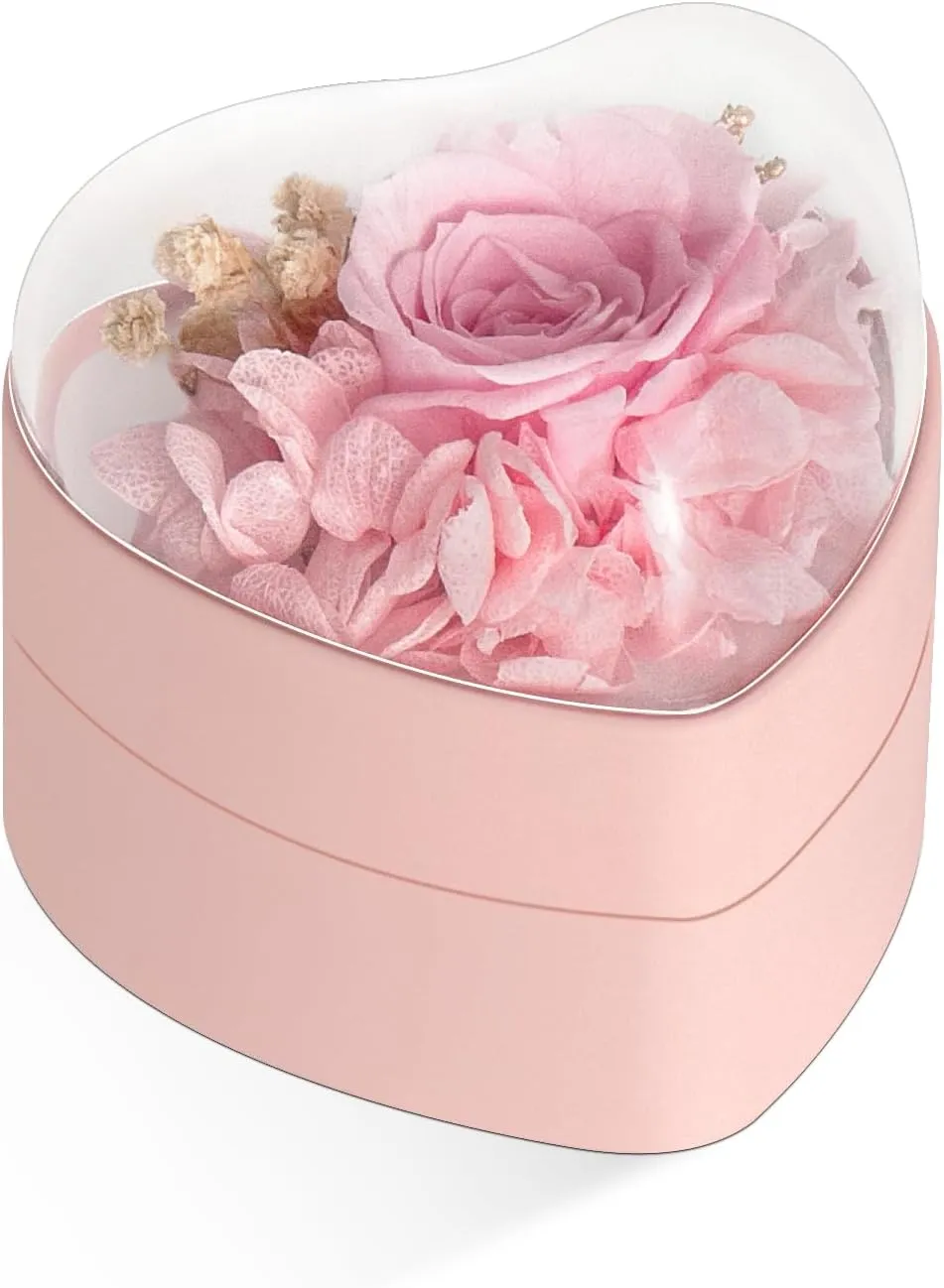 Engagement Ring Box for Proposal Promise, Eternal Flowers Rose Gifts for Valentines' Day, Heart Shaped Pink Ring Box