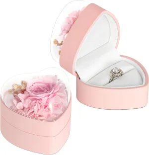 Engagement Ring Box for Proposal Promise, Eternal Flowers Rose Gifts for Valentines' Day, Heart Shaped Pink Ring Box
