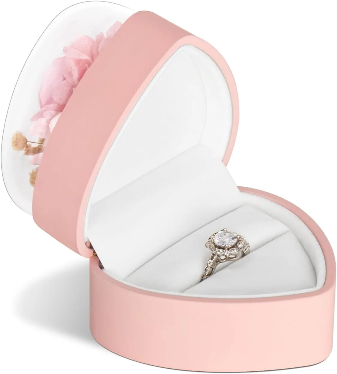 Engagement Ring Box for Proposal Promise, Eternal Flowers Rose Gifts for Valentines' Day, Heart Shaped Pink Ring Box