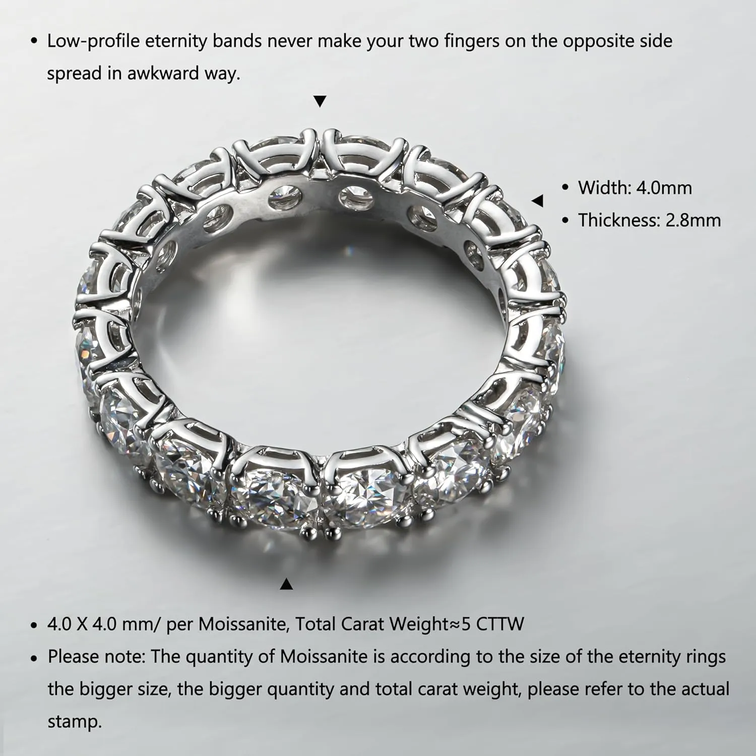 Eternity Moissanite Ring 4.0 mm 5 CTTW D-color VVS Full Moissanite Eternity Wedding Band for Women Platinum-Plated Silver Anniversary Engagement Stackable Rings