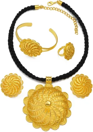Ethiopian Jewelry Sets Big Pendant Black Rope and Earrings Bracelet Ring for African Wedding, Traditional Jewelry for Women, Eritrean Jewelry