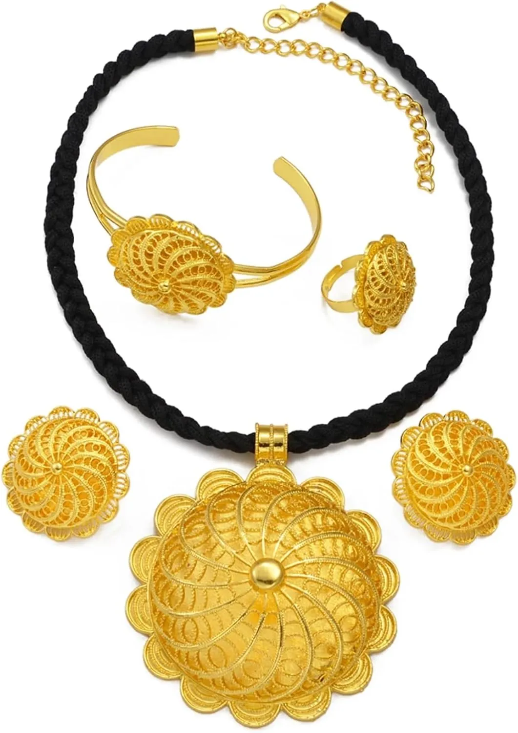 Ethiopian Jewelry Sets Big Pendant Black Rope and Earrings Bracelet Ring for African Wedding, Traditional Jewelry for Women, Eritrean Jewelry