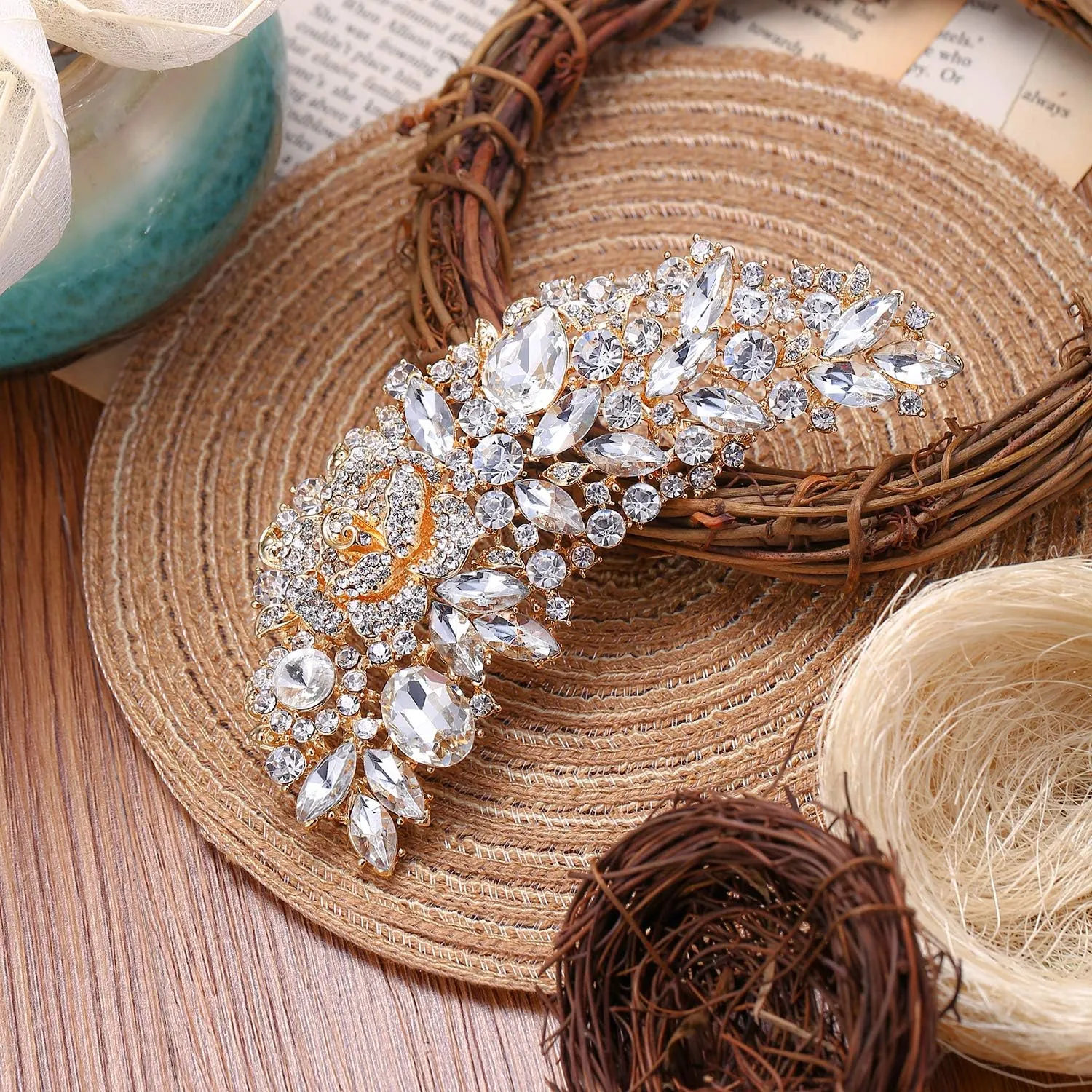 EVER FAITH 5 Inch Bridal Silver-Tone Flower Bouquet Brooch Austrian Crystal