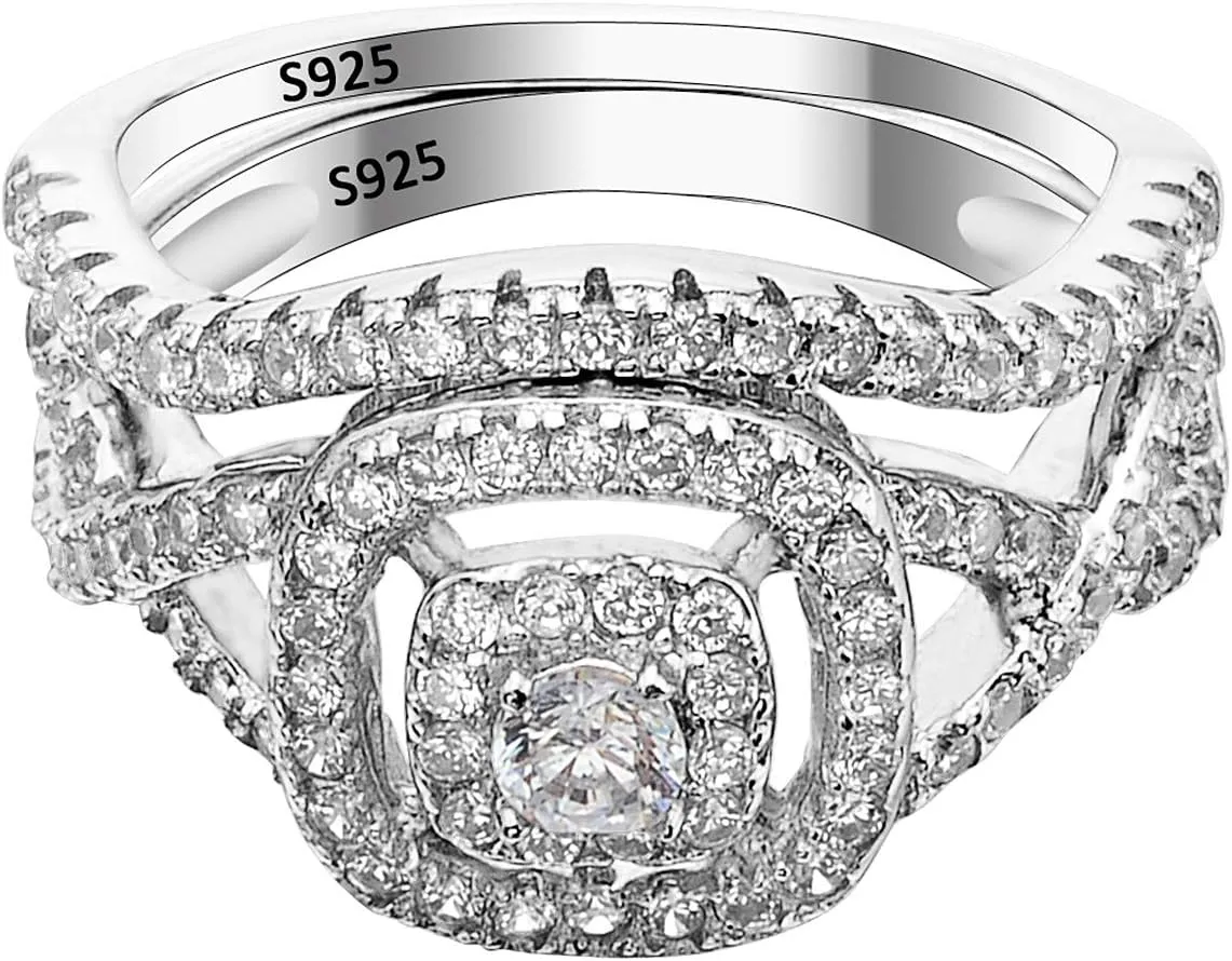EVER FAITH 925 Sterling Silver Elegant Full Pave CZ Wedding Engagement Ring Set for Bridal, Bride, Prom