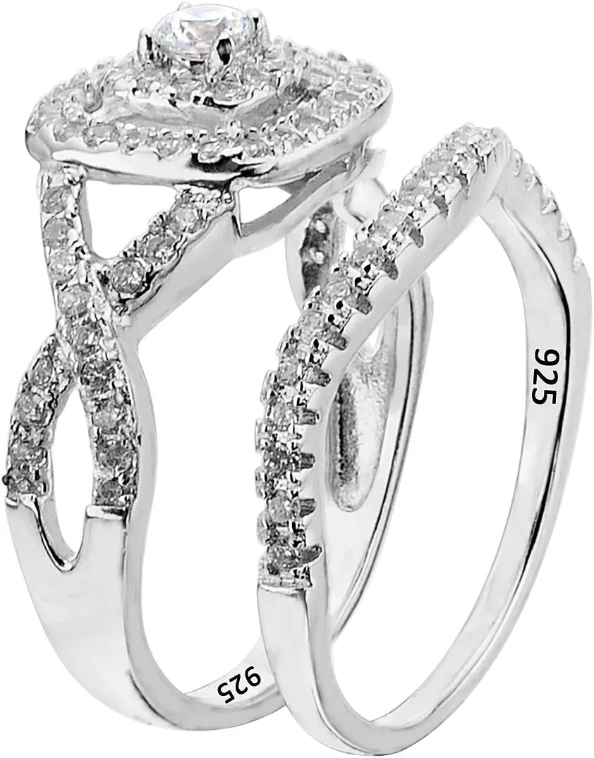EVER FAITH 925 Sterling Silver Elegant Full Pave CZ Wedding Engagement Ring Set for Bridal, Bride, Prom