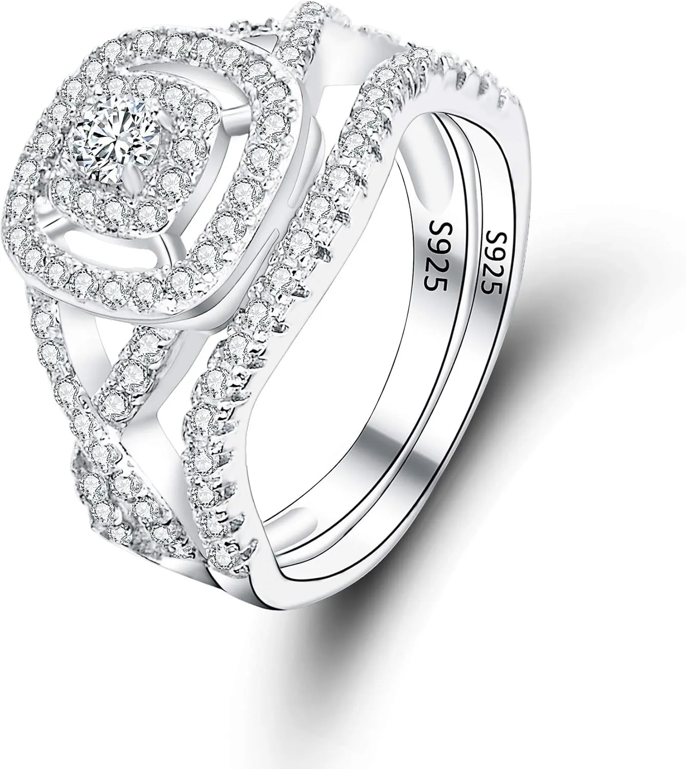 EVER FAITH 925 Sterling Silver Elegant Full Pave CZ Wedding Engagement Ring Set for Bridal, Bride, Prom