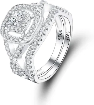 EVER FAITH 925 Sterling Silver Elegant Full Pave CZ Wedding Engagement Ring Set for Bridal, Bride, Prom