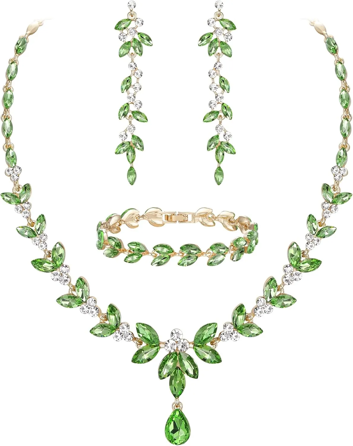 EVER FAITH Austrian Crystal Bridal Bridesmaid Jewelry Sets, Elegant Marquise Rhinestone Leaf Necklace Dangle Earrings Tennis Bracelet Set for Women