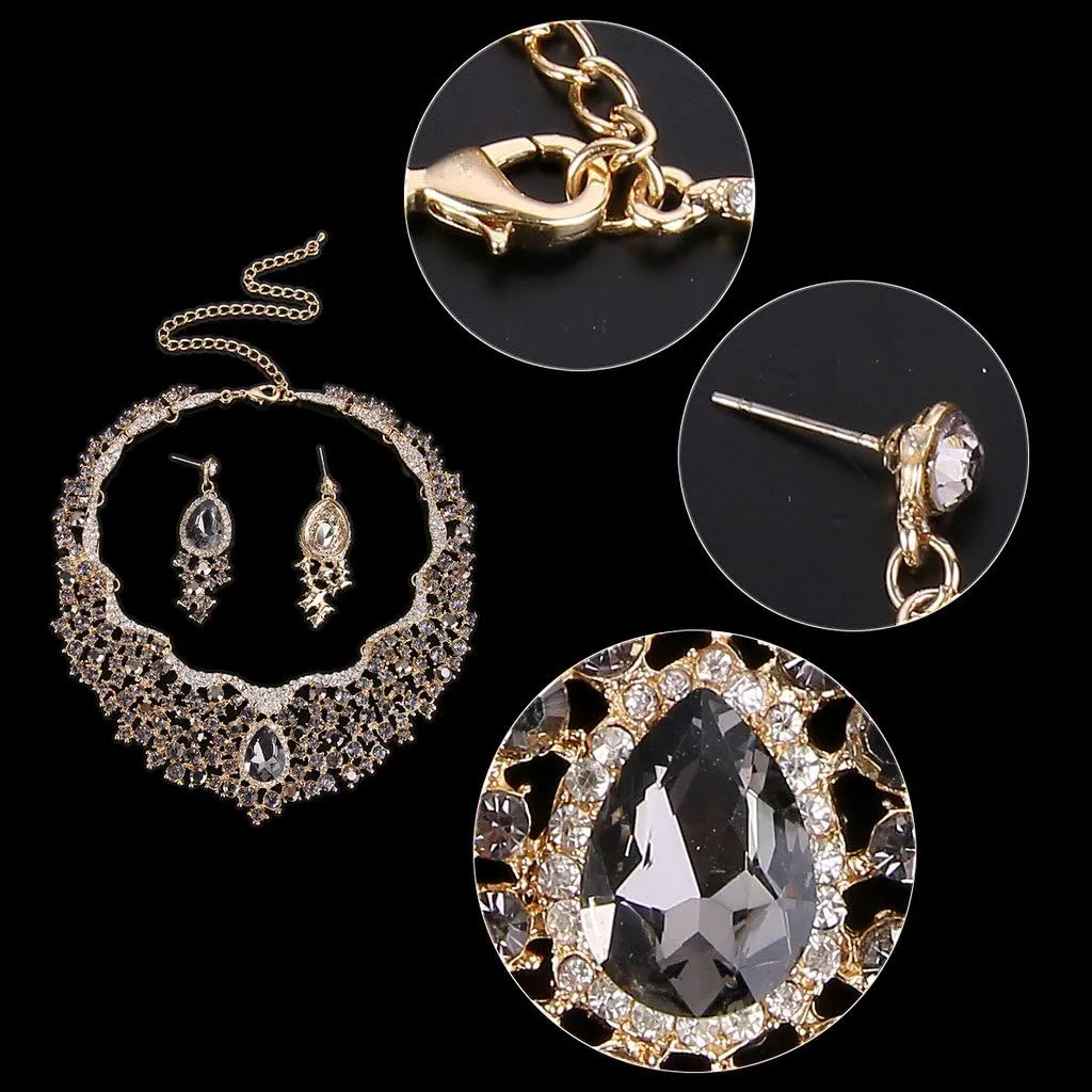 EVER FAITH Austrian Crystal Flower Cluster Teardrop Wedding Prom Statement Necklace Earrings Set for Women Bride