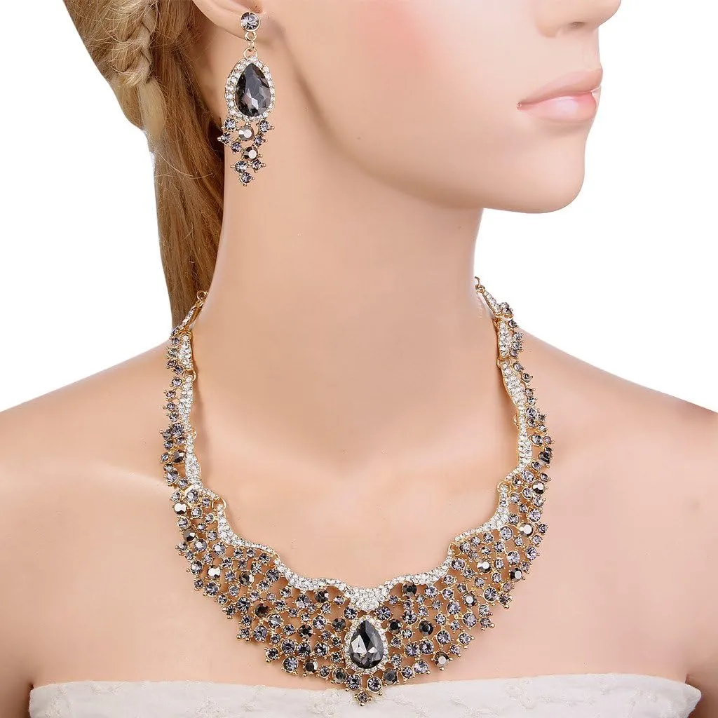 EVER FAITH Austrian Crystal Flower Cluster Teardrop Wedding Prom Statement Necklace Earrings Set for Women Bride