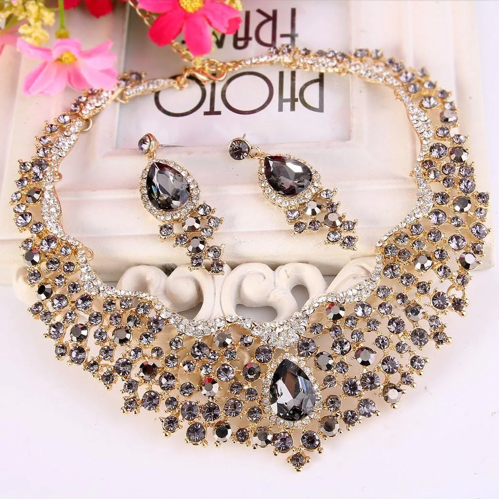 EVER FAITH Austrian Crystal Flower Cluster Teardrop Wedding Prom Statement Necklace Earrings Set for Women Bride