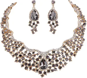EVER FAITH Austrian Crystal Flower Cluster Teardrop Wedding Prom Statement Necklace Earrings Set for Women Bride