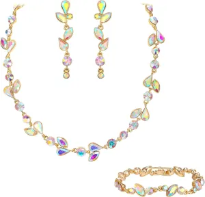 EVER FAITH Crystal Bridal Bridesmaid Jewelry Sets, Elegant Marquise Round-Shaped Rhinestone Leaf Necklace Dangle Earrings Tennis Bracelet Set for Women