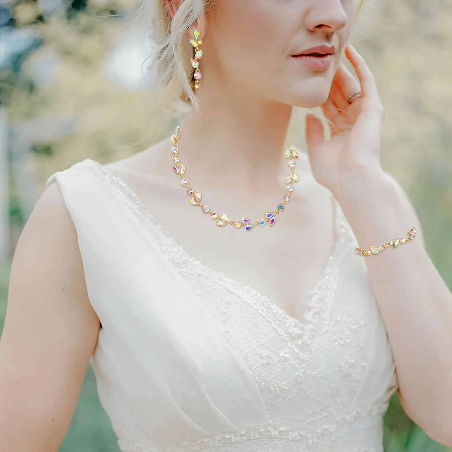 EVER FAITH Crystal Bridal Bridesmaid Jewelry Sets, Elegant Marquise Round-Shaped Rhinestone Leaf Necklace Dangle Earrings Tennis Bracelet Set for Women