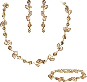 EVER FAITH Crystal Bridal Bridesmaid Jewelry Sets, Elegant Marquise Round-Shaped Rhinestone Leaf Necklace Dangle Earrings Tennis Bracelet Set for Women