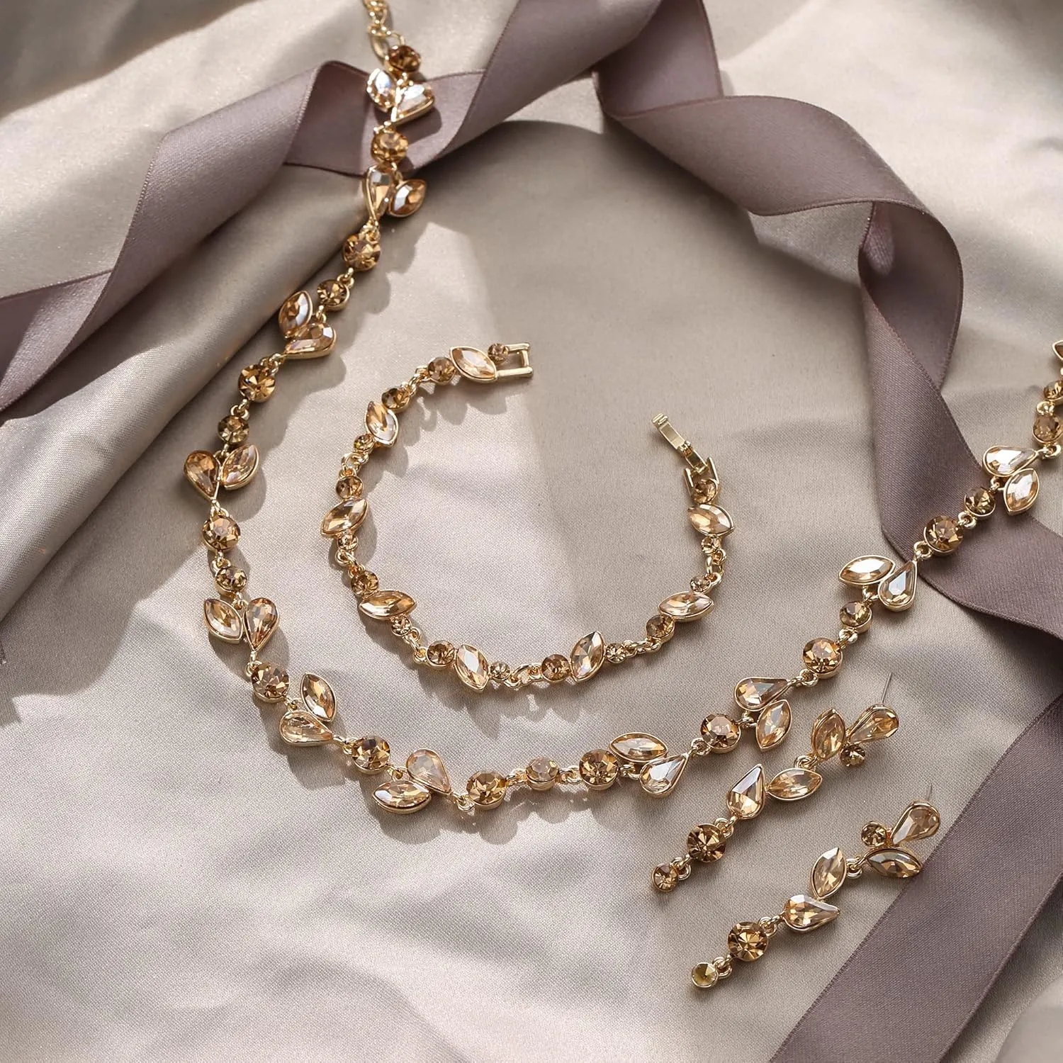 EVER FAITH Crystal Bridal Bridesmaid Jewelry Sets, Elegant Marquise Round-Shaped Rhinestone Leaf Necklace Dangle Earrings Tennis Bracelet Set for Women