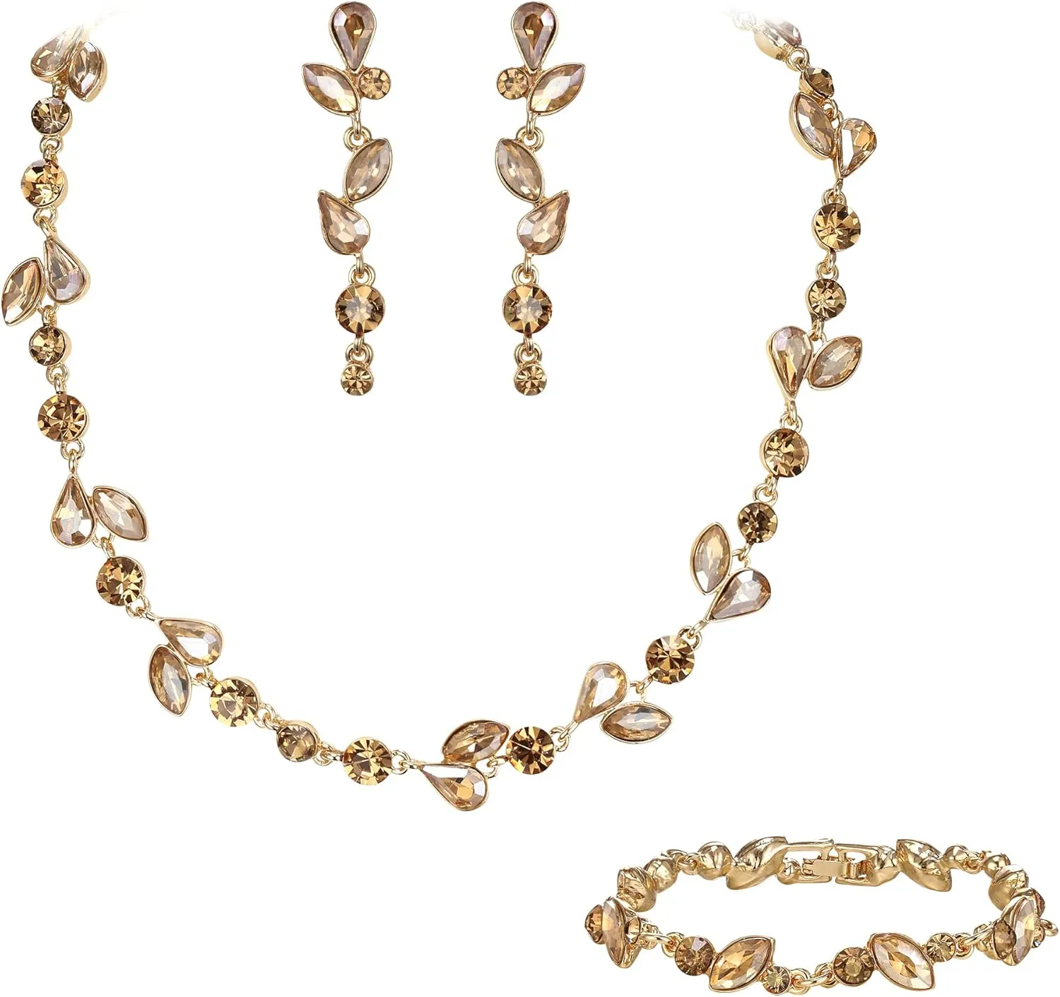 EVER FAITH Crystal Bridal Bridesmaid Jewelry Sets, Elegant Marquise Round-Shaped Rhinestone Leaf Necklace Dangle Earrings Tennis Bracelet Set for Women