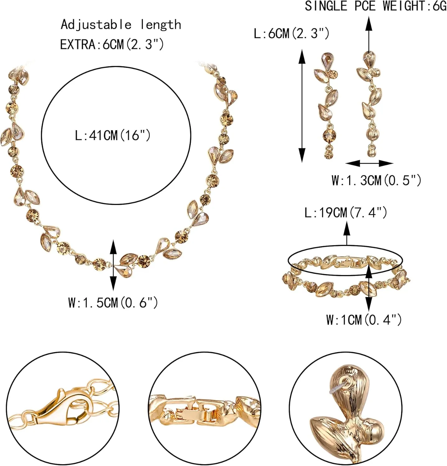 EVER FAITH Crystal Bridal Bridesmaid Jewelry Sets, Elegant Marquise Round-Shaped Rhinestone Leaf Necklace Dangle Earrings Tennis Bracelet Set for Women
