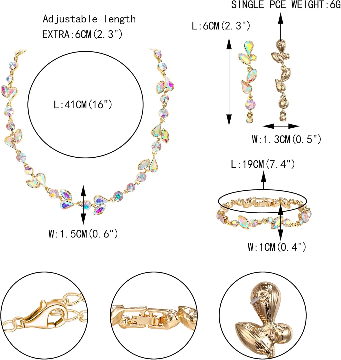 EVER FAITH Crystal Bridal Bridesmaid Jewelry Sets, Elegant Marquise Round-Shaped Rhinestone Leaf Necklace Dangle Earrings Tennis Bracelet Set for Women