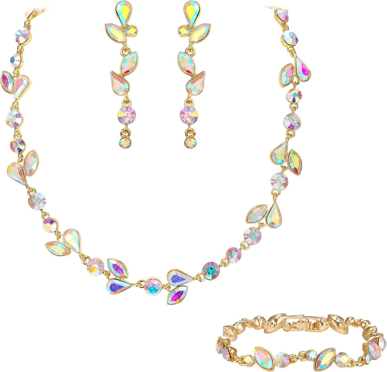 EVER FAITH Crystal Bridal Bridesmaid Jewelry Sets, Elegant Marquise Round-Shaped Rhinestone Leaf Necklace Dangle Earrings Tennis Bracelet Set for Women