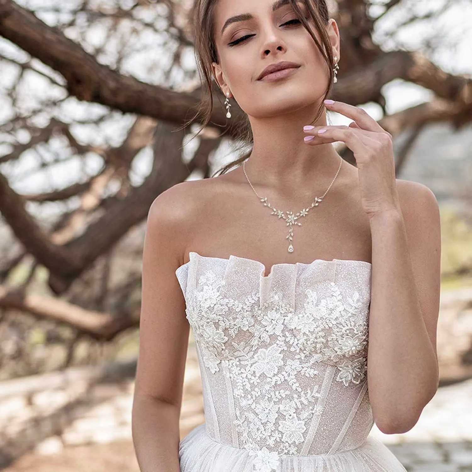 EVER FAITH Cubic Zirconia Bridal Jewelry for Bride Bridesmaid, Elegant Leaf Flower Wedding Prom Necklace Dangle Earrings Set for Women