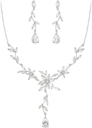 EVER FAITH Cubic Zirconia Bridal Jewelry for Bride Bridesmaid, Elegant Leaf Flower Wedding Prom Necklace Dangle Earrings Set for Women