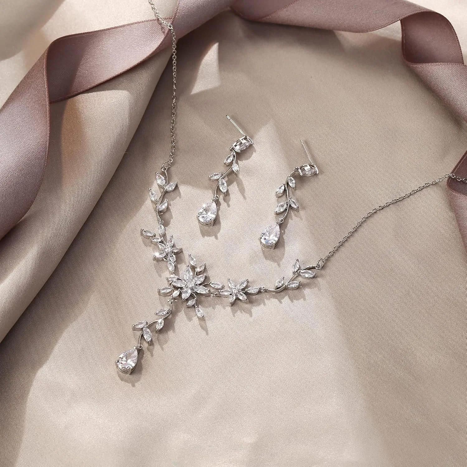 EVER FAITH Cubic Zirconia Bridal Jewelry for Bride Bridesmaid, Elegant Leaf Flower Wedding Prom Necklace Dangle Earrings Set for Women