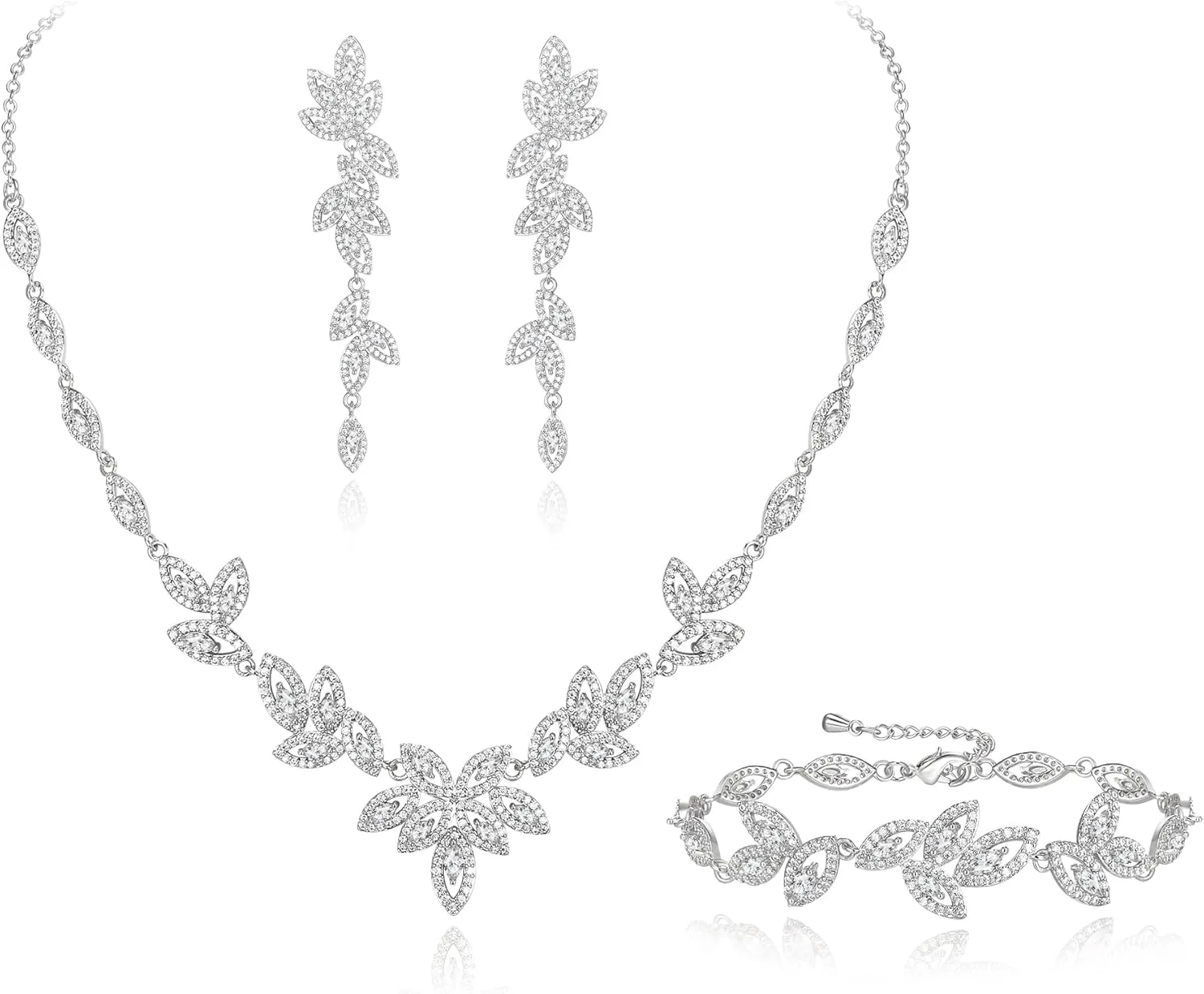 EVER FAITH Cubic Zirconia Bridal Jewelry Set for Bride Bridesmaid, Elegant Marquise Leaf Necklace Dangle Earrings Bracelet Sets for Woman