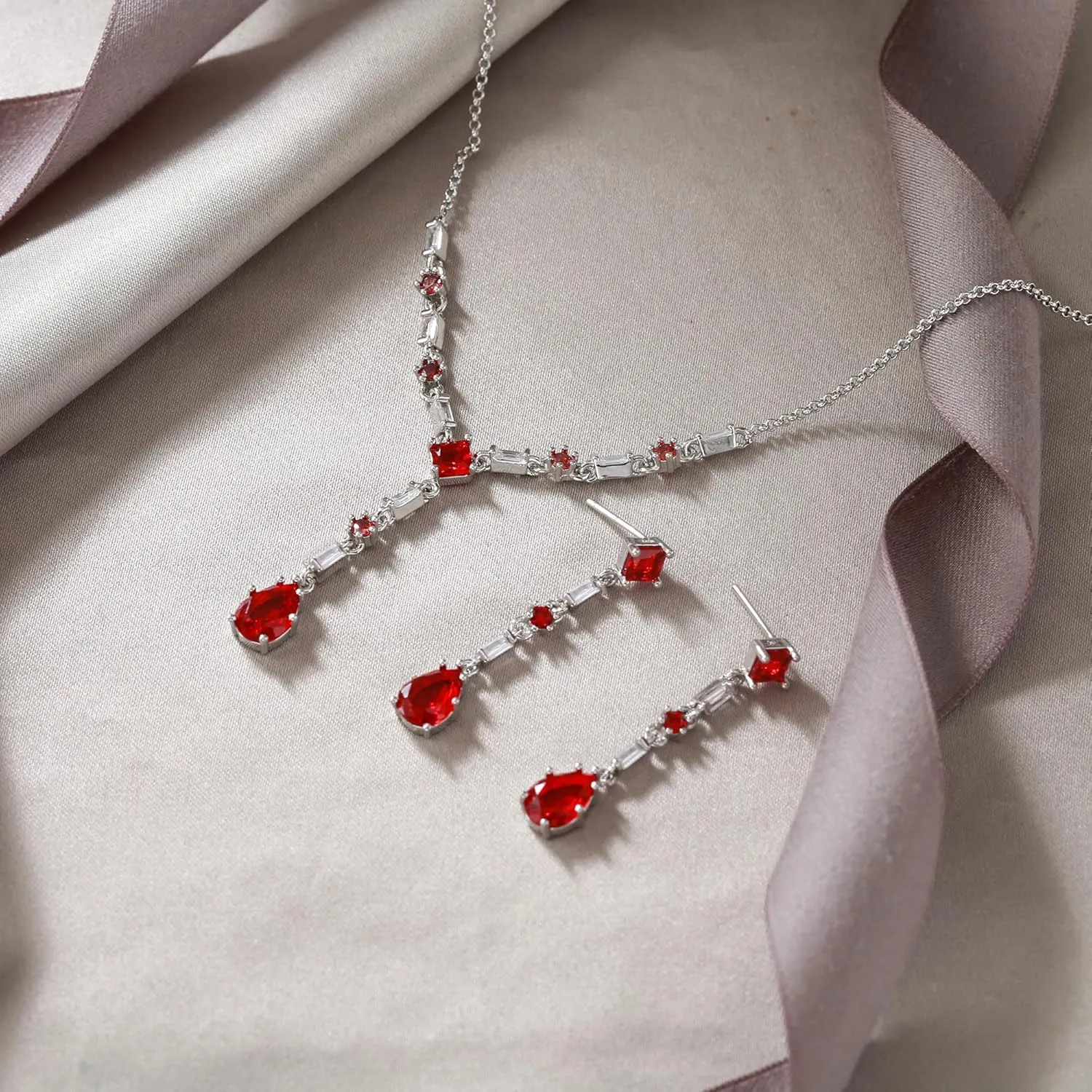 EVER FAITH Gorgeous Cubic Zirconia Jewelry Set Elegant Rhombic Birthstone Teardrop Wedding Prom Choker Necklace Dangle Earrings Sets for Women