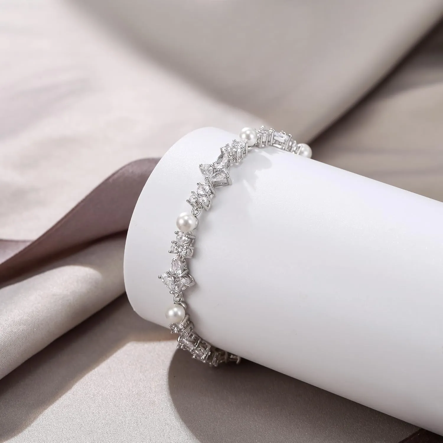 EVER FAITH Gorgeous Cubic Zirconia Wedding Jewelry for Bride Bridesmaid, Elegant Simulated Pearl Teardrop Tennis Bracelet Gift for Women