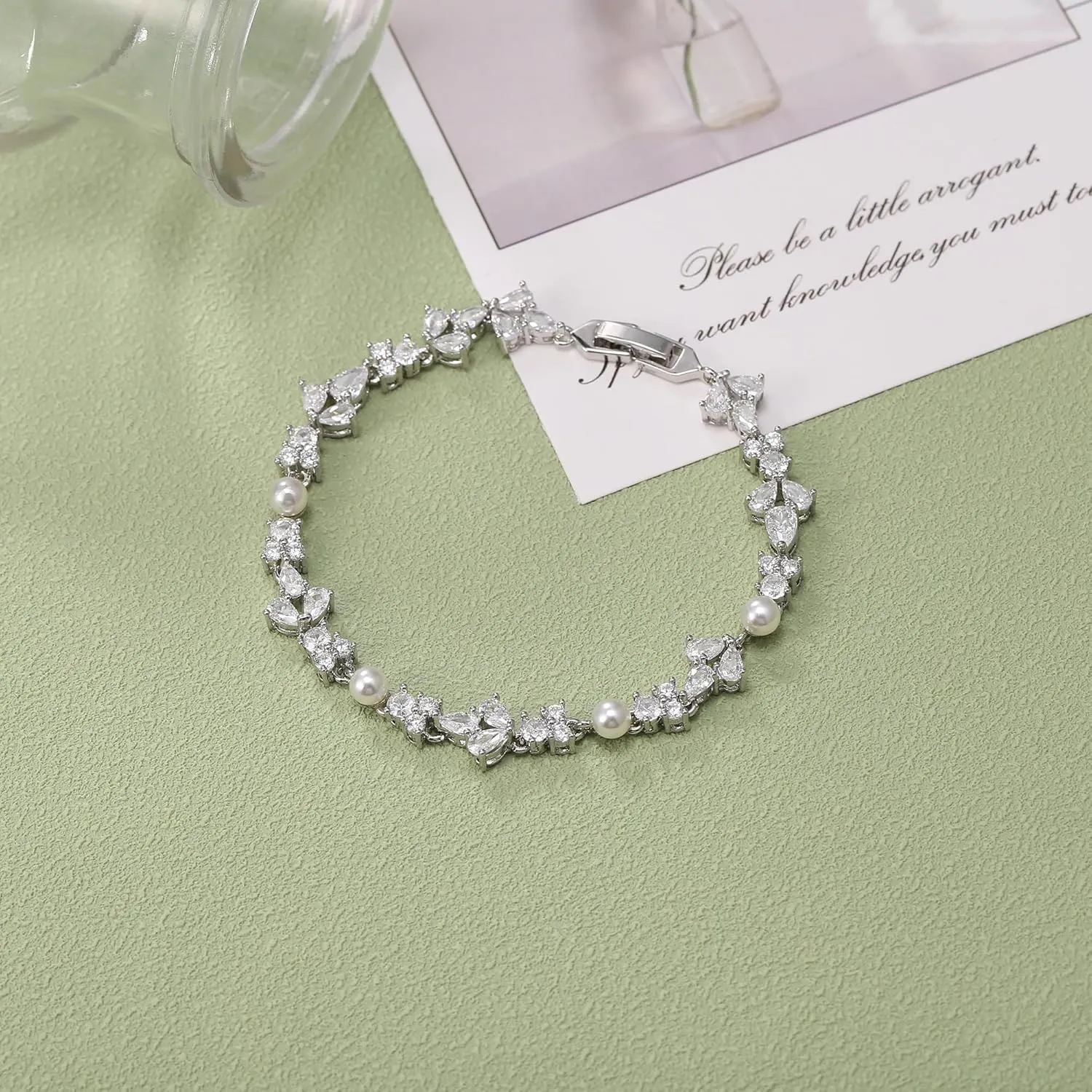 EVER FAITH Gorgeous Cubic Zirconia Wedding Jewelry for Bride Bridesmaid, Elegant Simulated Pearl Teardrop Tennis Bracelet Gift for Women