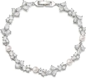 EVER FAITH Gorgeous Cubic Zirconia Wedding Jewelry for Bride Bridesmaid, Elegant Simulated Pearl Teardrop Tennis Bracelet Gift for Women