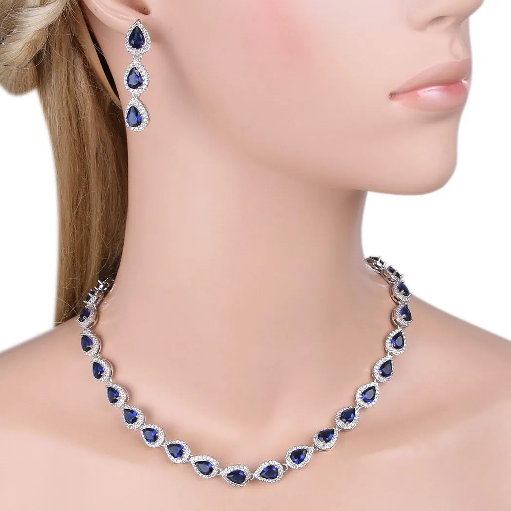 EVER FAITH Gorgeous CZ Birthstone Elegant Teardrop Wedding Prom Necklace Earrings Set for Bride Birthday/Mothers Day/Christmas Jewelry Gift for Women
