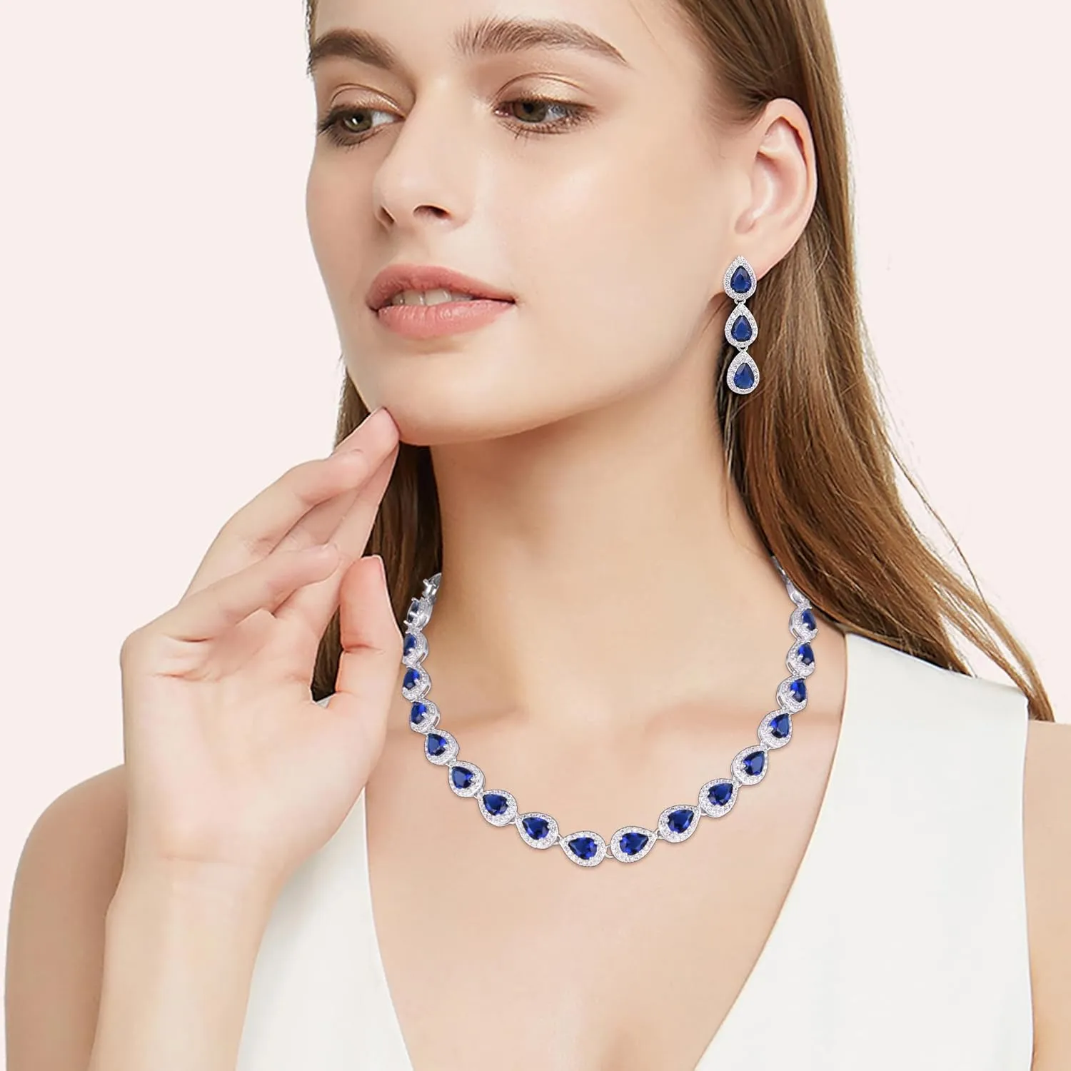 EVER FAITH Gorgeous CZ Birthstone Elegant Teardrop Wedding Prom Necklace Earrings Set for Bride Birthday/Mothers Day/Christmas Jewelry Gift for Women