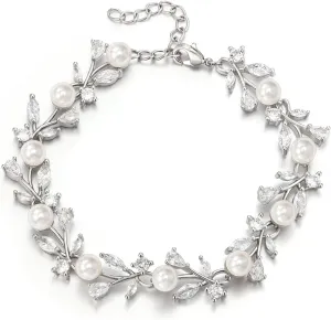 EVER FAITH Gorgeous Faux Pearl Wedding Jewelry for Bride Bridesmaid, Elegant Cubic Zirconia Vine Leaf Teardrop Link Bracelet for Women