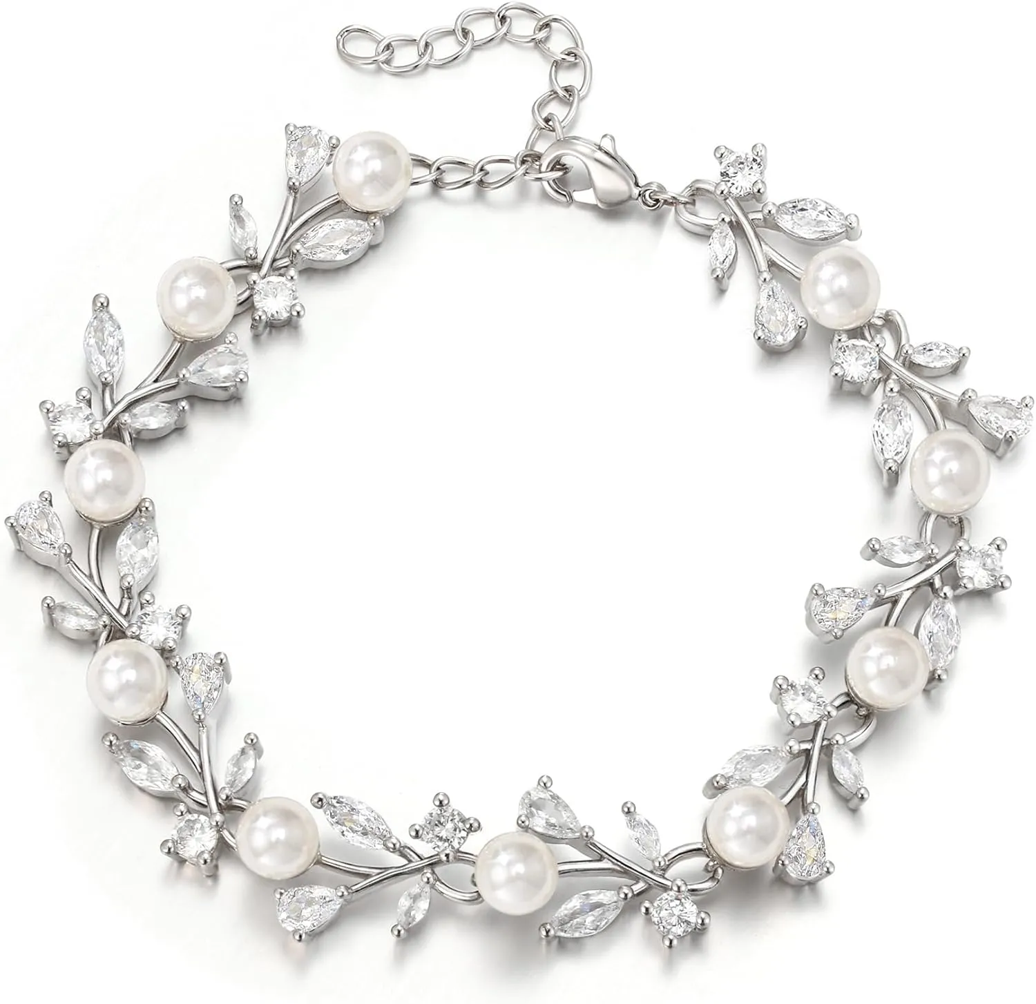 EVER FAITH Gorgeous Faux Pearl Wedding Jewelry for Bride Bridesmaid, Elegant Cubic Zirconia Vine Leaf Teardrop Link Bracelet for Women