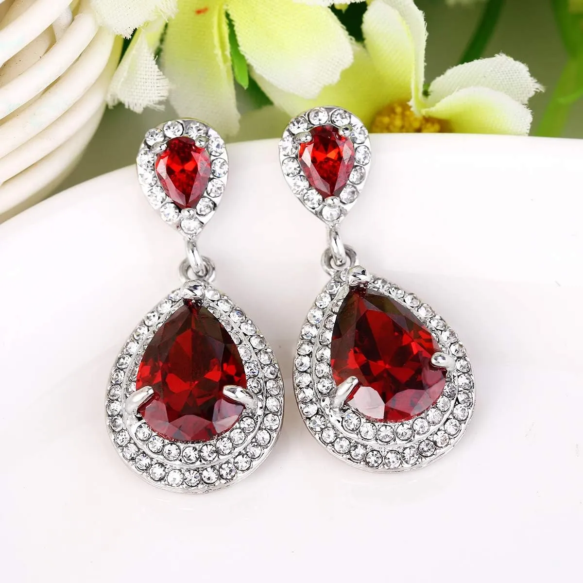 EVER FAITH Wedding Bridal Dangle Earring for Bride, Elegant Birthstone Cubic Zirconia Teardrop Party Prom Earrings for Women