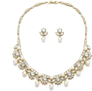 EVER FAITH Wedding Jewelry for Bride, Gorgeous Cubic Zirconia Faux Pearl Elegant Flower Bridal Prom Choker Necklace Stud Earrings Sets for Women