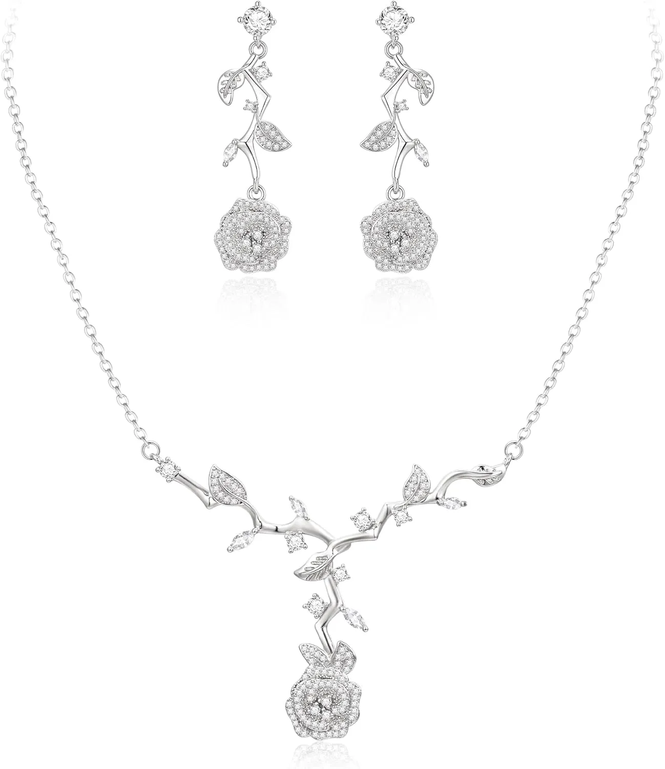 EVER FAITH Wedding Jewelry Set for Bridesmaids, Gorgeous Cubic Zirconia Elegant Rose Flower Leaf Bridal Prom Necklace Earrings Sets for Women