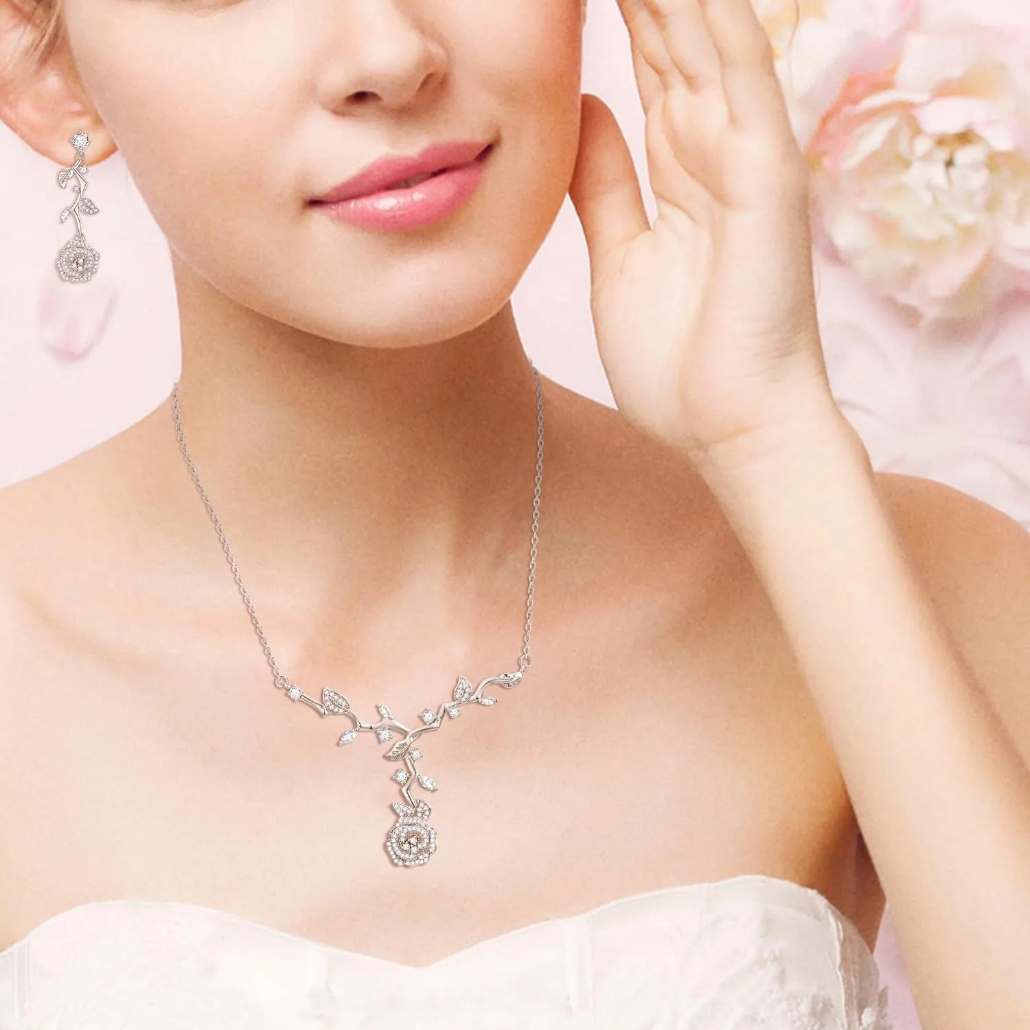 EVER FAITH Wedding Jewelry Set for Bridesmaids, Gorgeous Cubic Zirconia Elegant Rose Flower Leaf Bridal Prom Necklace Earrings Sets for Women
