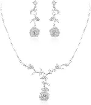EVER FAITH Wedding Jewelry Set for Bridesmaids, Gorgeous Cubic Zirconia Elegant Rose Flower Leaf Bridal Prom Necklace Earrings Sets for Women