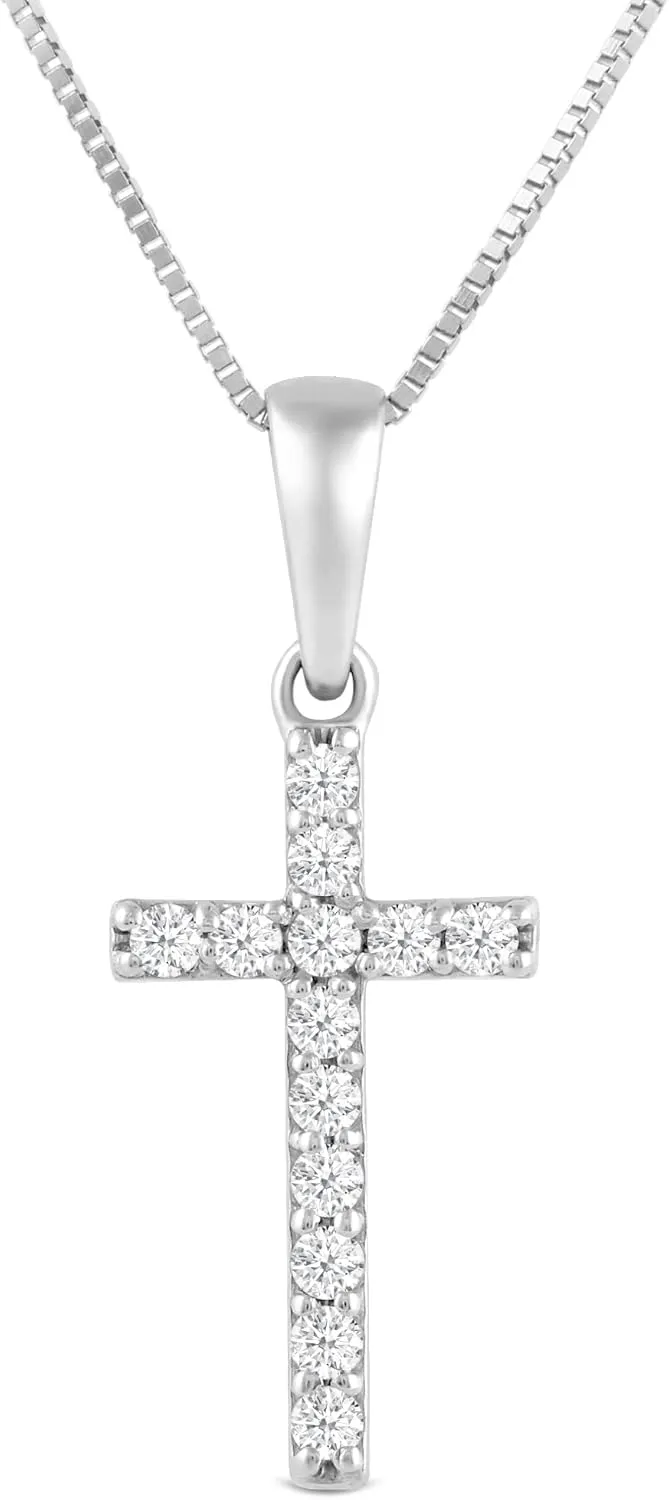 Everyday Elegance 14K Solid Gold Cross | Pave Round Cut Cubic Zirconia Pendant Necklace | 15mm Long, .30 CTW | 16 Inch or 18 Inch Chain | With Gift Box