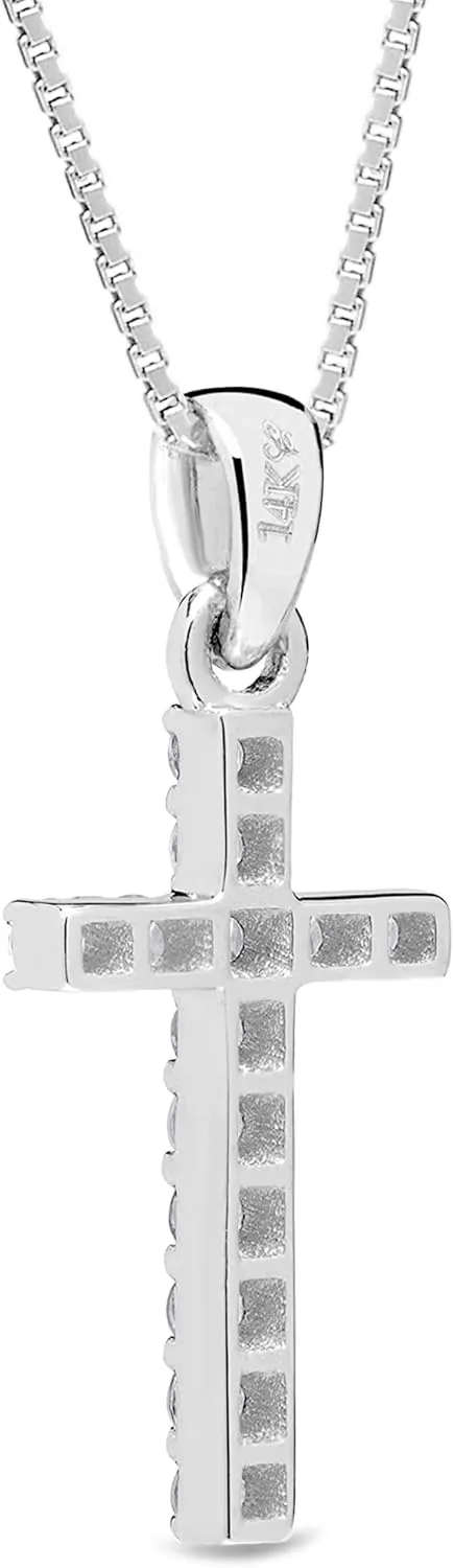Everyday Elegance 14K Solid Gold Cross | Pave Round Cut Cubic Zirconia Pendant Necklace | 15mm Long, .30 CTW | 16 Inch or 18 Inch Chain | With Gift Box